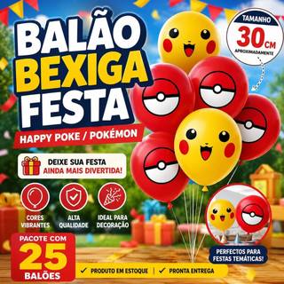 Balão Happy Poke Pokemon 30cm Kit 25 Bexigas Festa Infantil Decoração Vermelho e Amarelo