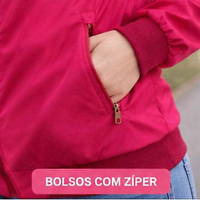 Jaqueta Feminina Corta Vento Rosa Com Zíper e Capuz Casual Moderna — imagem 2 de 2