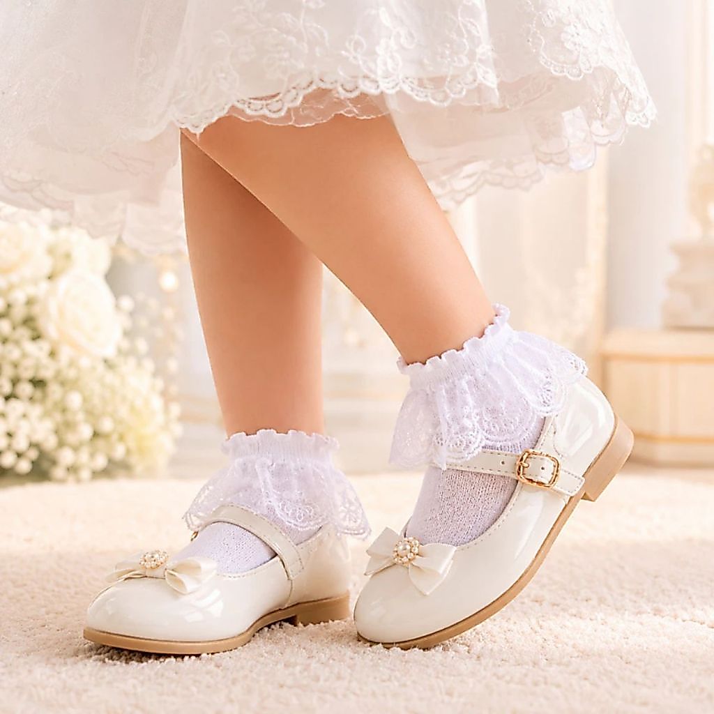 Meia Infantil de Renda com Babado para Menina Batizado Festa Casamento Branco e Rosa