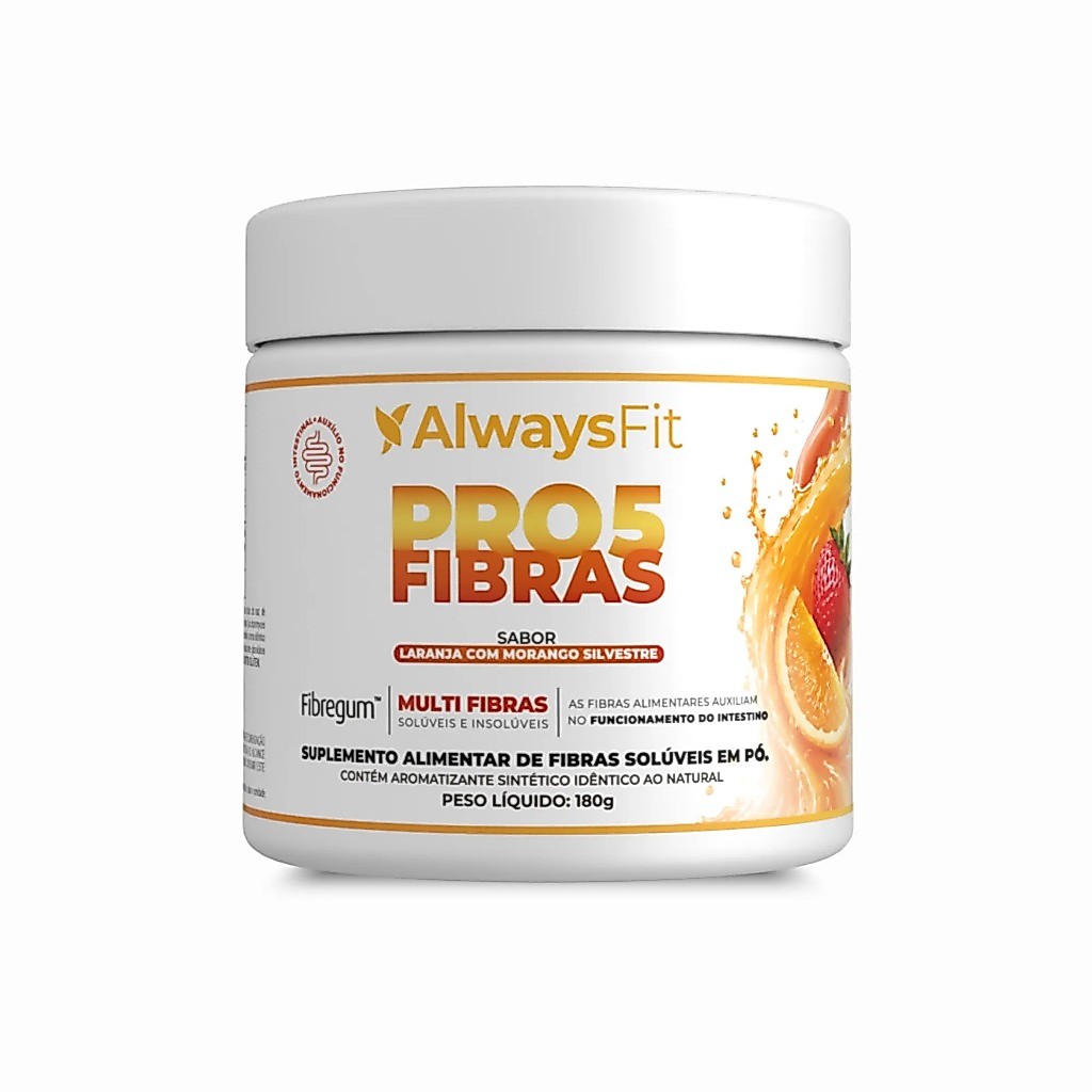 Pro5Fibras AlwaysFit Laranja com Morango Silvestre | Inulina + Goma Acácia + Psyllium + Beta Glucana + FOS | 180 g