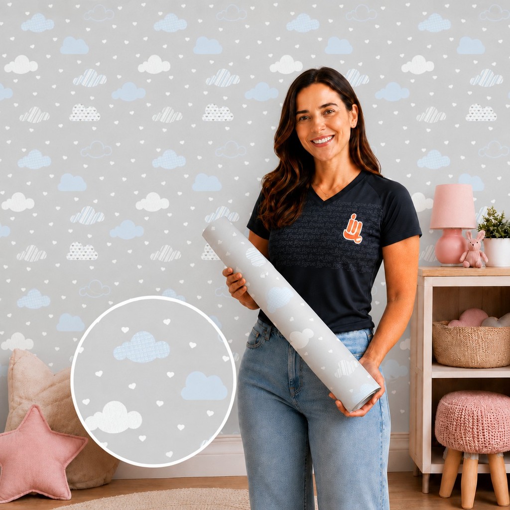 Papel de Parede Infantil Nuvens Cinza, Branco e Azul