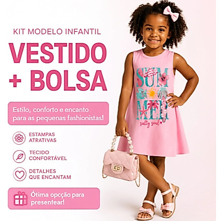Kit Vestido Infantil Menina + Bolsa Feminina | Vestidinho Estampado Confortável Look Completo Presente