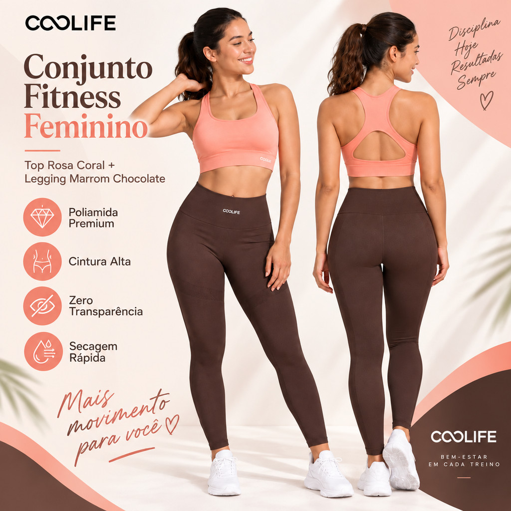 Conjunto Fitness Feminino COOLIFE Top Coral + Legging Marrom Chocolate Poliamida Cintura Alta