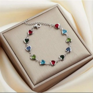 Pulseira feminina pedras de coração Aço Inoxidável Antialérgica (+ MIMO Par de brinco Aço Inox)