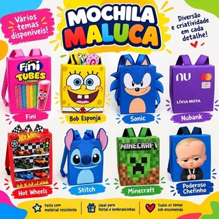 Mochila Maluca Infantil Personalizada para Escola – Mochila Criativa Escolar com Vários T…