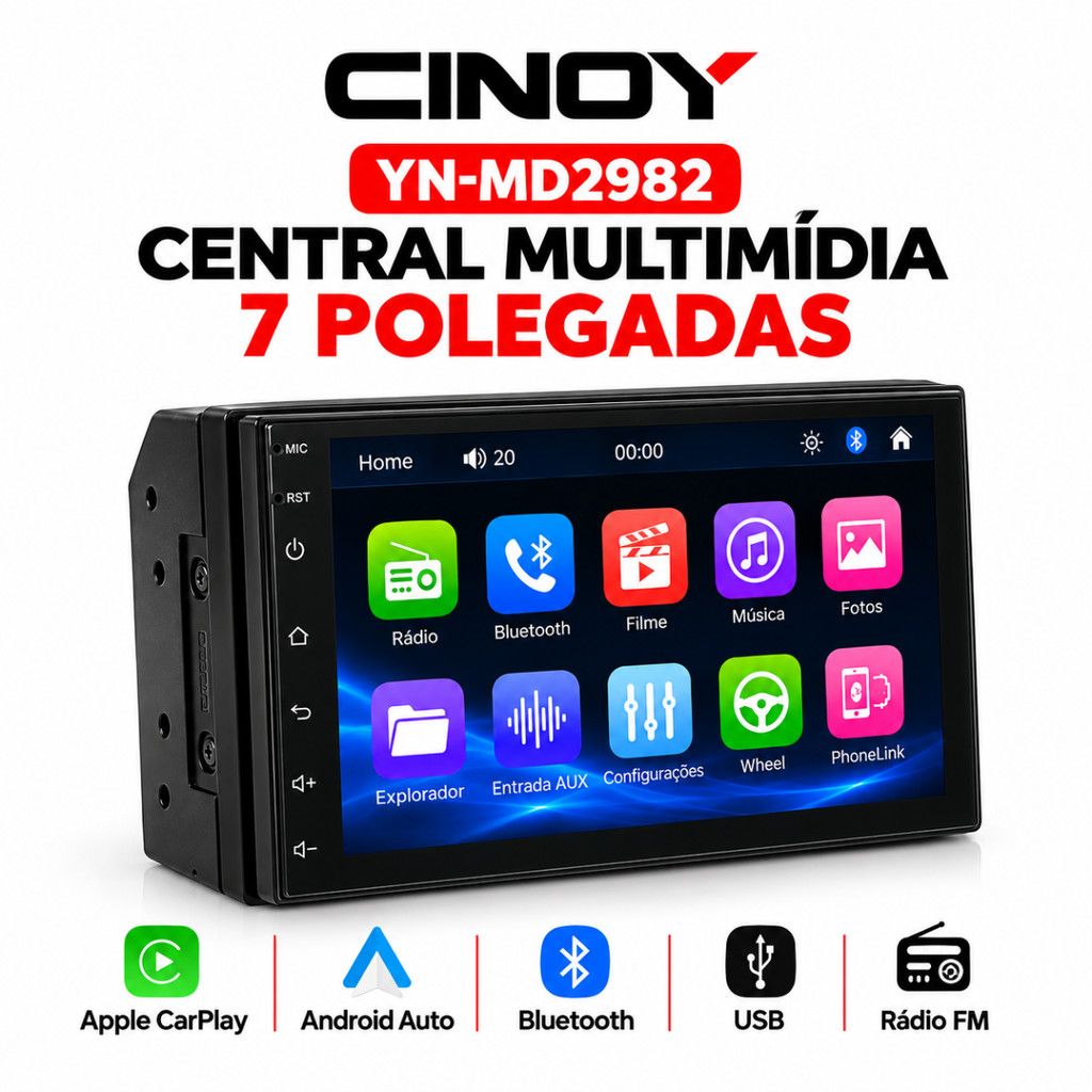 Central Multimídia 7 Pol Usb Bt Apple CarPlay Sem Fio