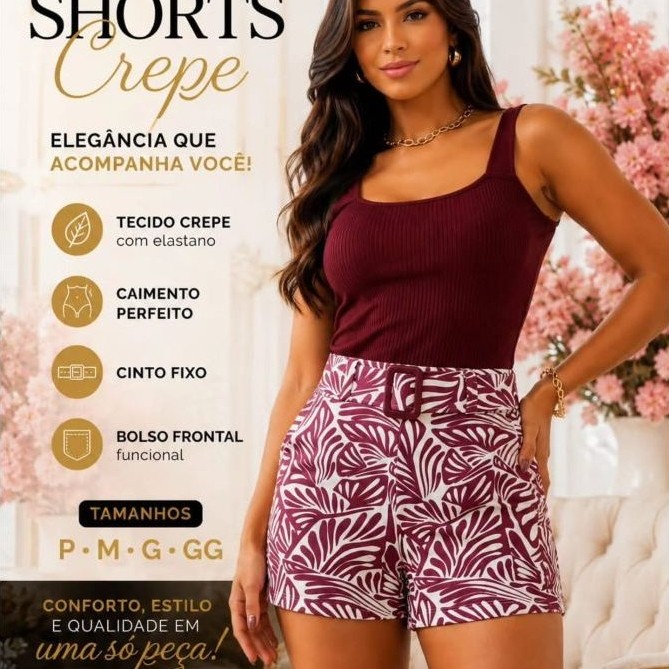 Kit 3 Shorts Feminino Crepe Estampados liso com cinto fixo elegante luxo