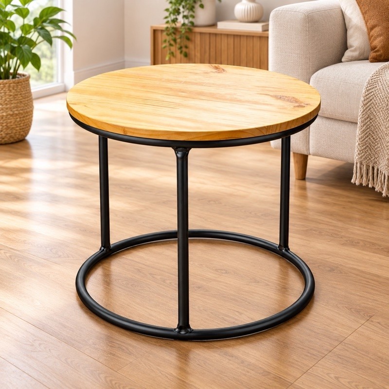 Mesa de Centro Redonda Moderna com Base Metálica Design Minimalista e Sofisticado