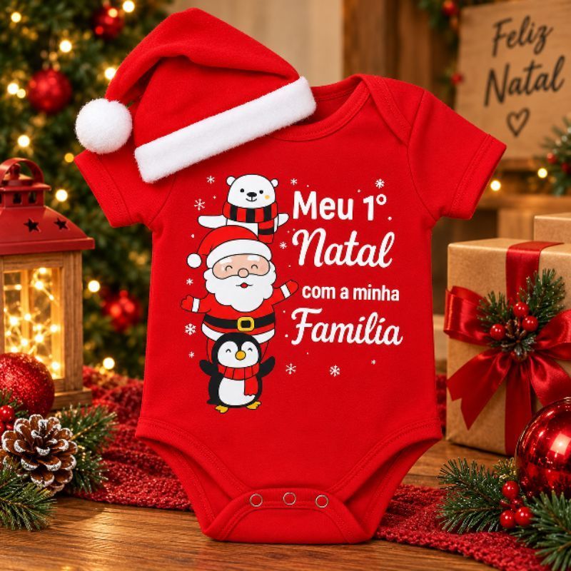 Body Bebê Primeiro Natal Família + Touca Papai Noel Mamãe Noel Mesversaio Temático Unissex