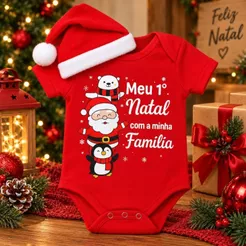 Body Bebê Primeiro Natal Família + Touca Papai Noel Mamãe Noel Mesversaio Temático Unissex