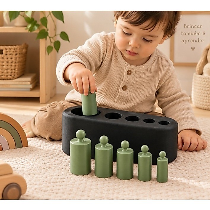 Brinquedo Montessori de Encaixe Cilíndrico – Jogo Educativo Infantil de Coordenação Motora e Aprendizado de Tamanhos