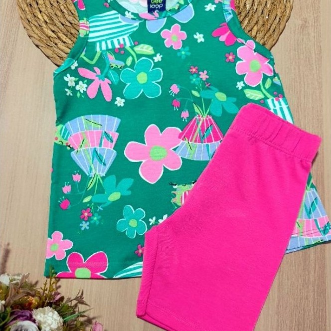 Conjunto infantil feminino regata estampado com short ciclista