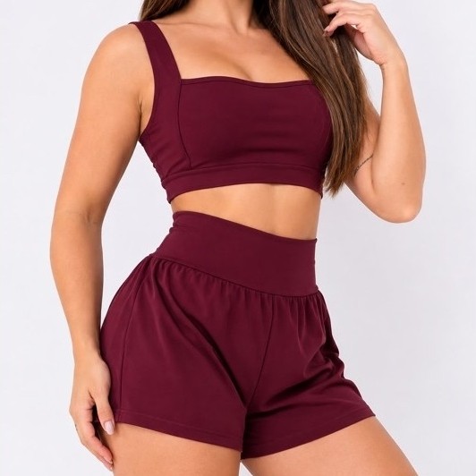 Conjunto Fitness Feminino Top + Short Duplo Suplex Premium Zero Transparência – Cintura Alta e Modelador, academia,