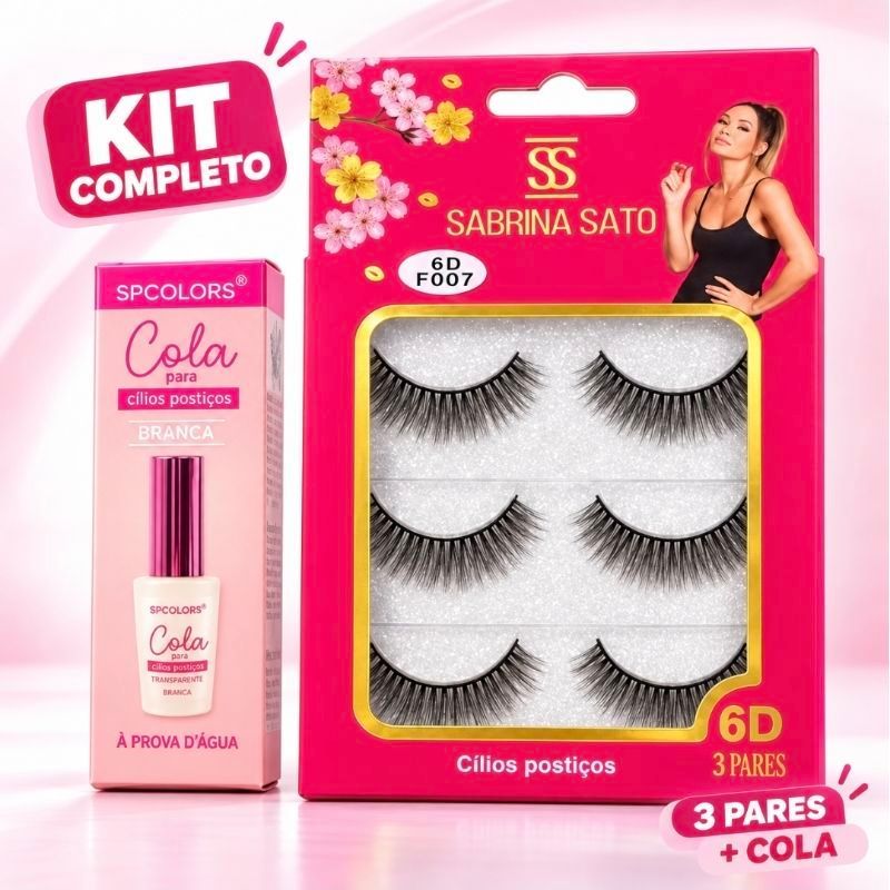 Kit Cílios Postiços 6D Sabrina Sato 3 Pares + Cola à Prova D’Água Efeito Natural