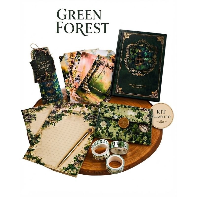 Kit Papelaria Vintage Floresta Encantada Caderno B6 Completo Washi Tape Caneta Adesivo Presente Menina