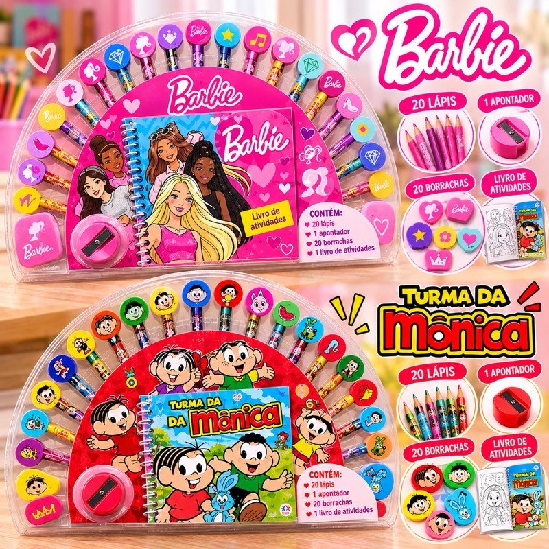 Kit Turma da Mônica Barbie 22 Lápis de Cor com Borracha + Livro de Colorir presente crianças material escolar