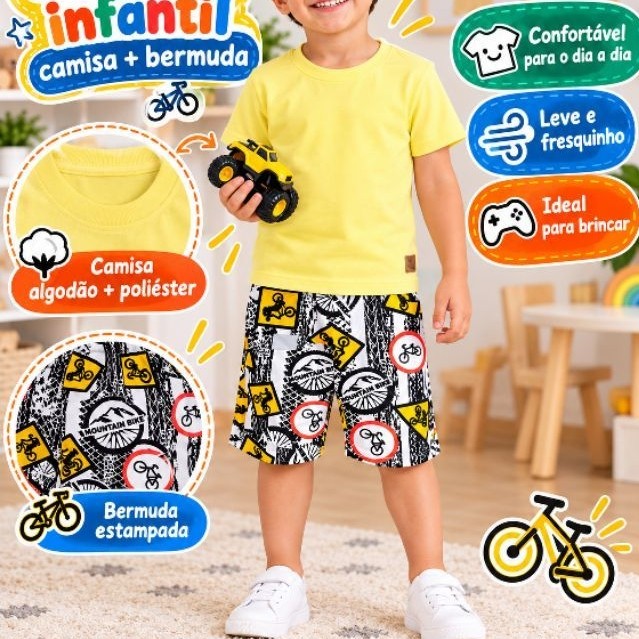 conjunto Infantil Masculino Algodão/ Conjunto Kids Menino Bermuda Estampada camisa Algodão Conjunto Infantil MeninoTam G