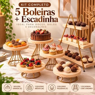 Kit Completo 5 Boleiras + Escadinha 3 Andares – Expositor para Doces, Bolos e Festas