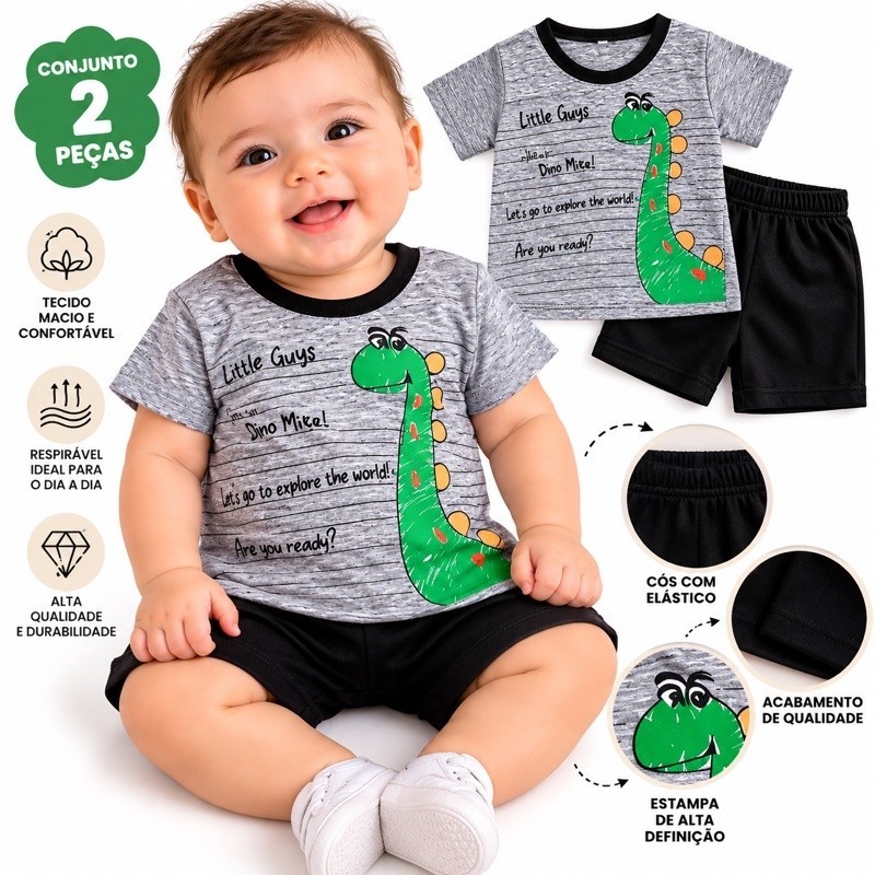 Conjunto Bebê Menino 0 a 3 Meses Camiseta Dinossauro + Shorts Preto 2 Peças