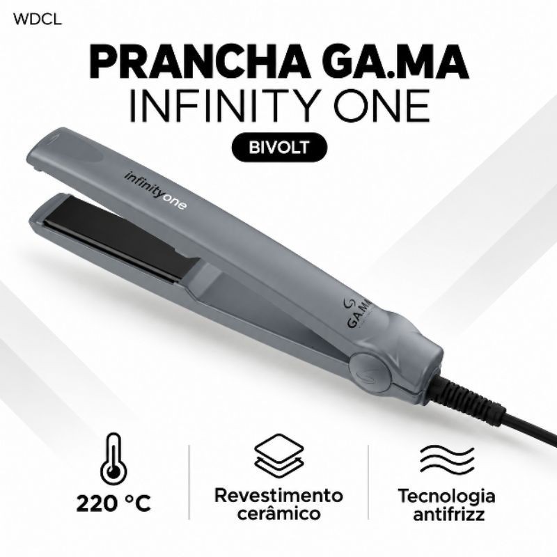Prancha Chapinha GAMA Infinity One Cerâmica 220°C Antifrizz Bivolt Cinza