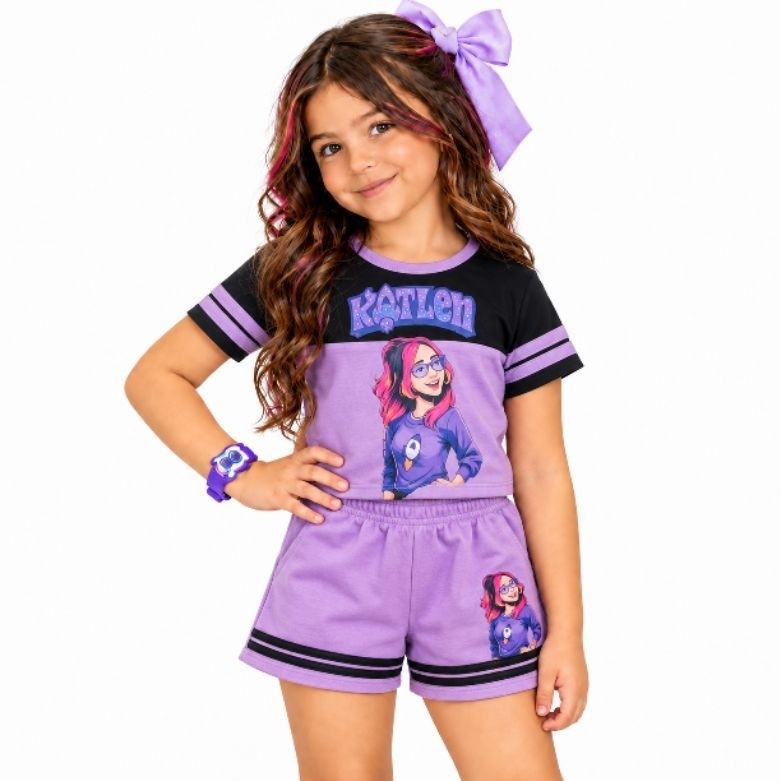 Conjunto Infantil Menina Katlen Cropped + Short Saia Moletinho Leve Estiloso Meia Estação 4 ao14 Anos
