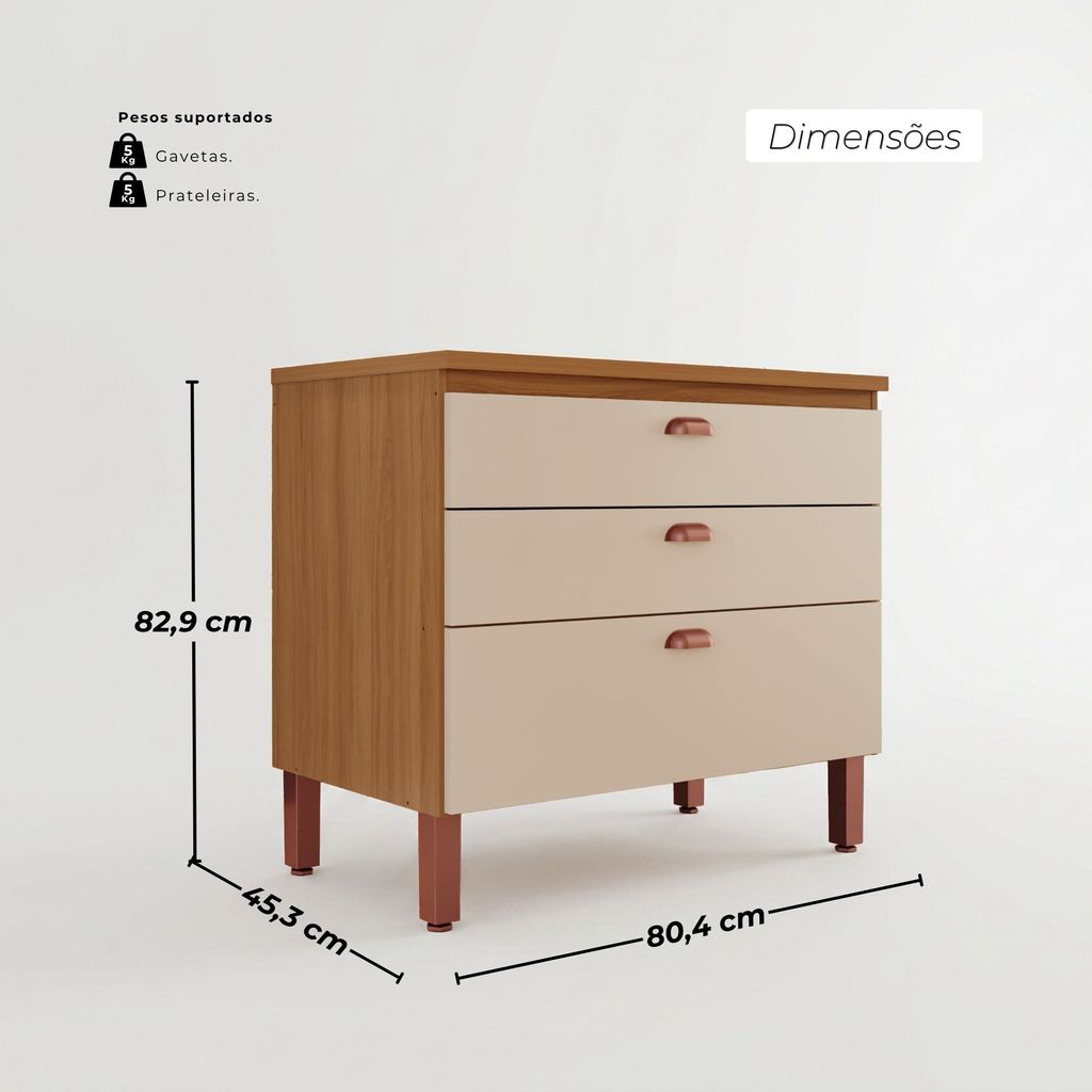 Balcão Pequeno Cozinha Positano New 100% MDF 3 Gavetas