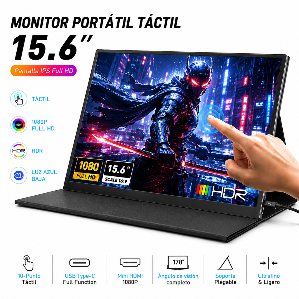 Monitor Portátil 15.6" Touchscreen e Não Touch IPS Full HD Plug & Play Compatível com Notebook, PS5