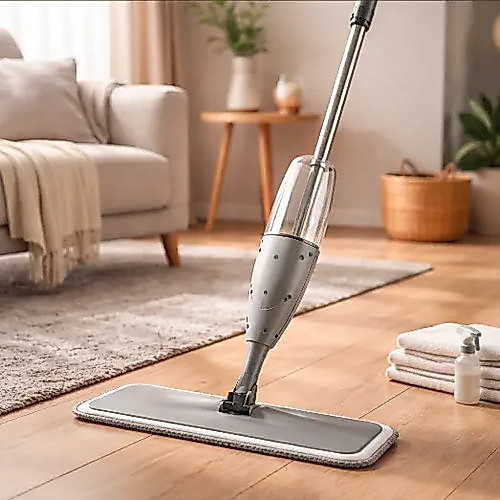 Mop Spray Rodo Vassoura Magica Esfregao Aco Inox Dispenser Cinza