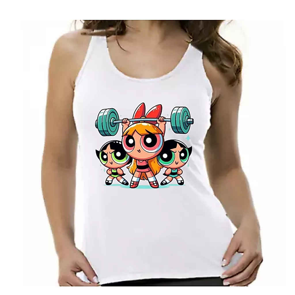 Camiseta Regata Feminina Academia Crossfit Tema Personagem Menina Super Poderosa