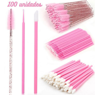 Kit 50 Escovinhas + 100 Microbrush + 50 Aplicador de batom alongamento cilios (CORES ALEA…
