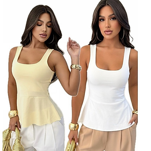 Kit 2 Blusa Regata Bata Feminina Peplum Suplex Cintura Marcada Básica Estilosa Moda Social Casual Elegante Verão