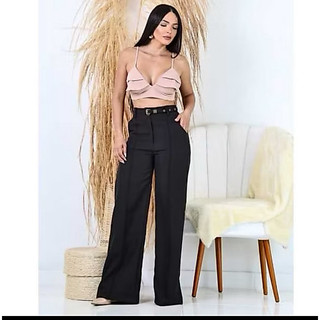 Calça Alfaiataria Pantalona Feminina Com Cinto Encapado Cintura Alta Elegante