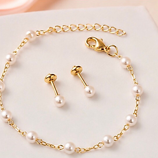 kit pulseira+Brinco de pérolas infantil recém-nascido 3mm Banhado a ouro 18k + Saquinho de Veludo.