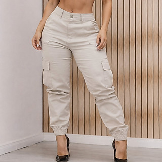 Calça Cargo Jeans Feminina Jogger Cintura Alta Levanta Bumbum Premium Com Lycra Bolsos Laterais
