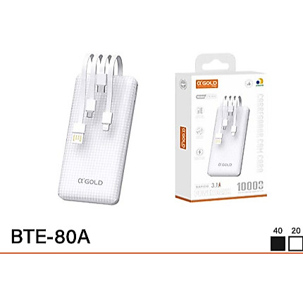 Carregador Portátil Power Bank 10.000mAh com 4 Cabos Embutidos A'GOLD BTE-80A Homologado pela Anatel