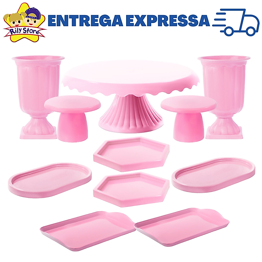 Kit Luxo Boleira Cake Renda 22cm + 2 Vasos Grego + 2 Mini Slim + 2 Sextavadinhas + 2 Bandejas Oval e 2 Bandejas 20x13cm