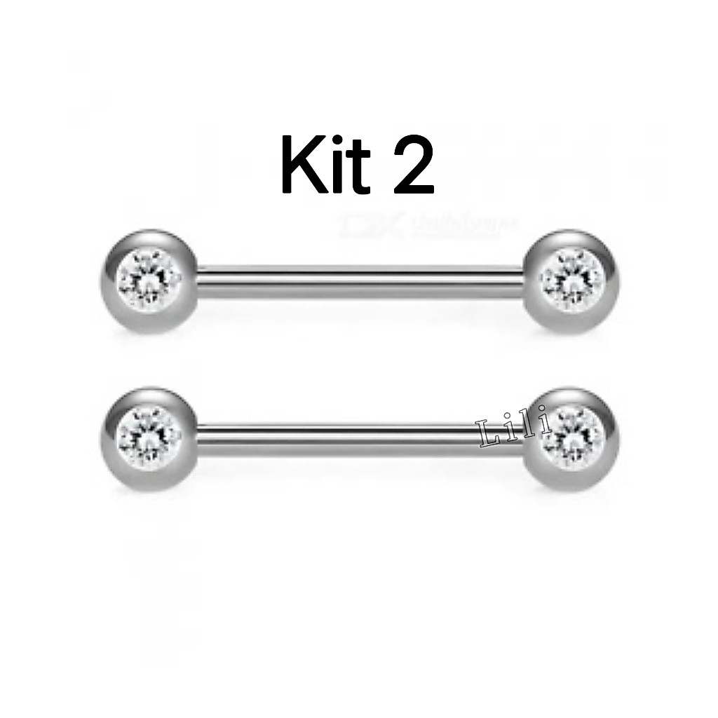 Kit 2 Piercing de Barbell Mamilo de Aço inoxidável com 2 Pedra zircônia