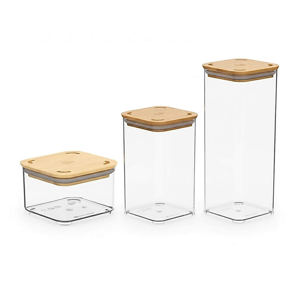 Kit 3 Potes Herméticos Coza Modo Bambu 230ml 580ml 1,2L Tampa Bambu Cristal Brinox