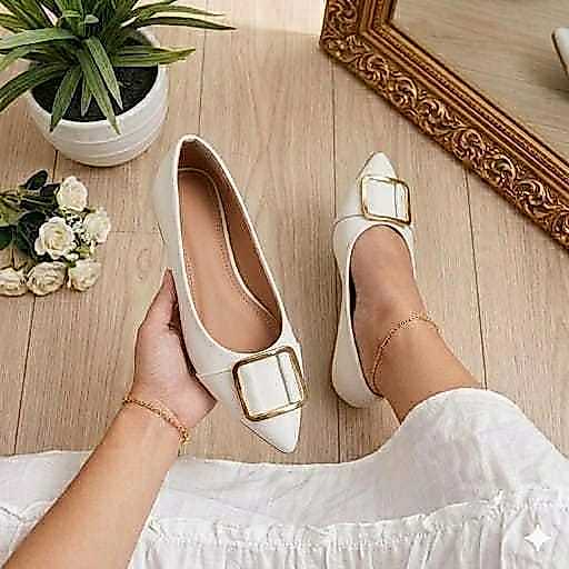 Sapatilha Feminina Confortável Off-White Luxo Elegante Sapato Feminino Mocassim Bico Fino Enfeite