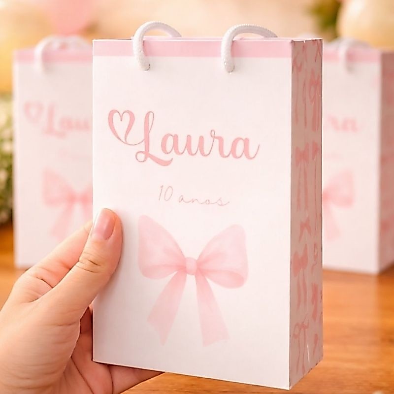 Sacolinha Personalizada LAÇOS ROSA /TAM P 10X15X4-PEGUE E MONTE/LEMBRANCINHA DE ANIVERSÁRIO INFANTIL/FESTA LAÇOS ROSA