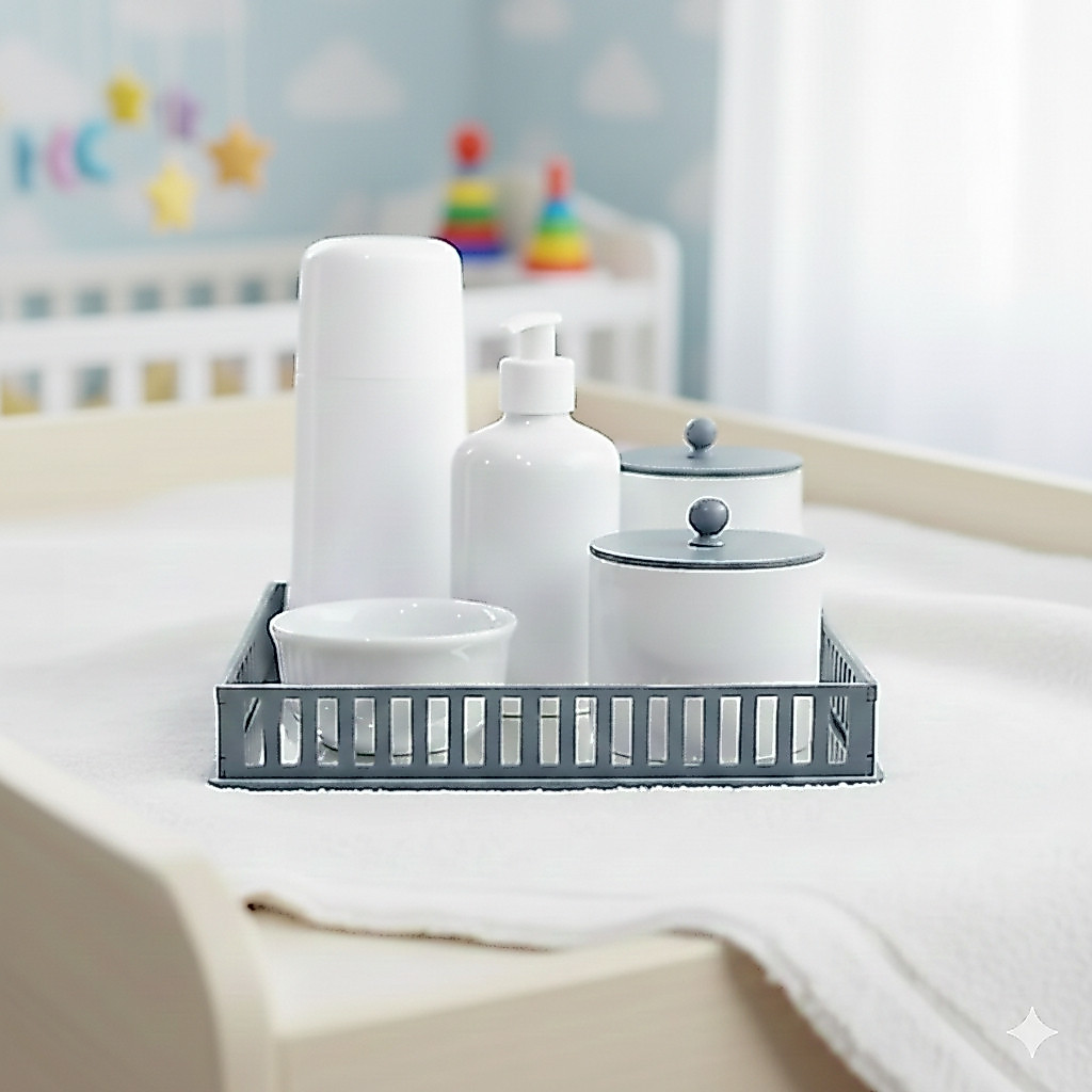 Kit Higiene Cuidados Bebê Maternidade K209 Royal Meninos Potes Porcelana Algodão Cotonete Promoção