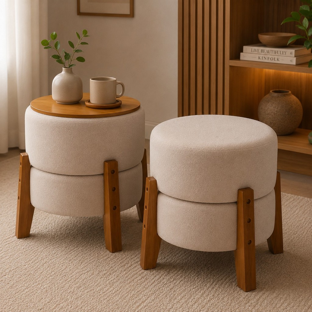 Kit 2 Puffs Mesinha Tecido Bouclé Luxo Assento ou Mesa de Apoio com Tampo Banquetas Decorativas Premium