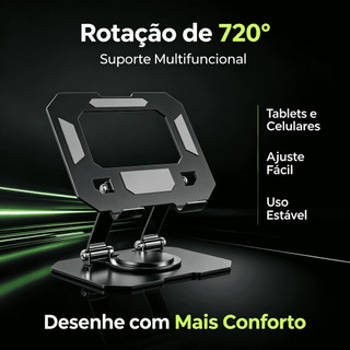 O suporte para tablet pode ser girado em 720 graus e é fixado por imã para maior estabilidade