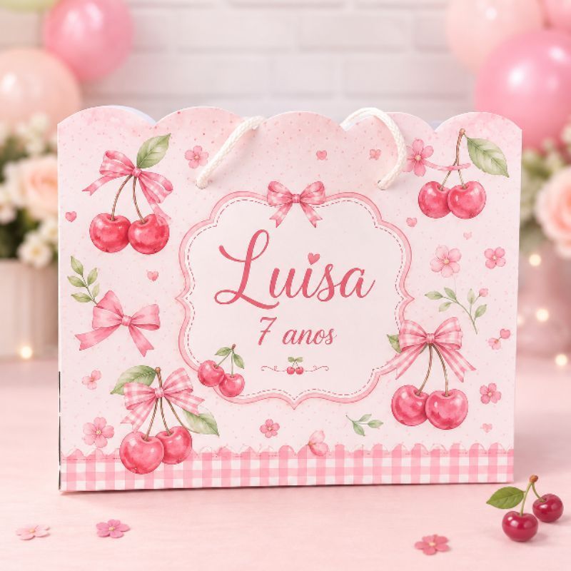 Kit Sacolinhas Personalizadas Cerejinha - Festa Infantil Lembrancinha Nome e Idade 20x15x5cm