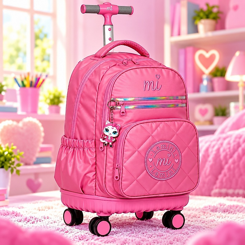 Mochila Malinha Infantil Lilás Matelassê com Rodas Giratórias e Pingente Gatinha