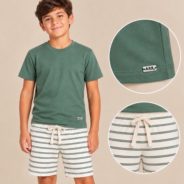 Conjunto Infantil Menino Camiseta e Bermuda Listrada Verde
