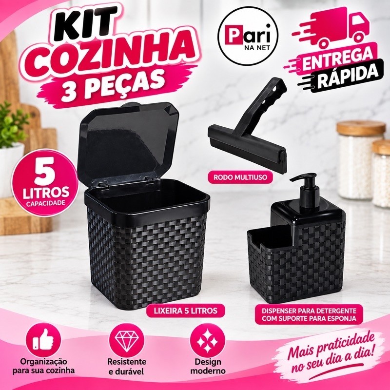 Kit com 3 peças Lixeira Rattan 5L Preta com Tampa + Porta Detergente Dispenser + Rodinho de pia