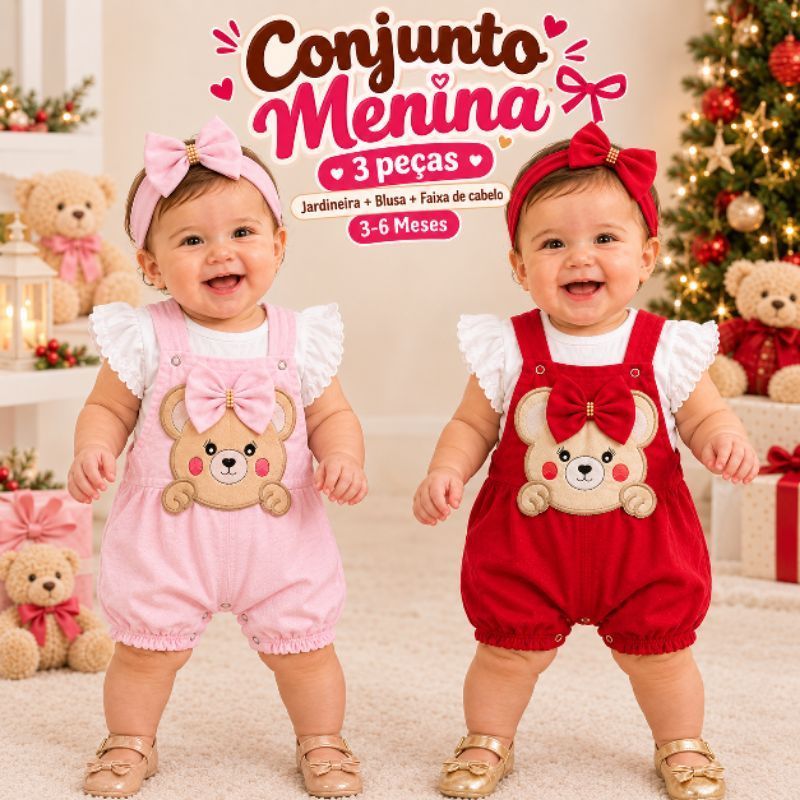 Conjunto Jardineira Menina 3 peças com blusa e laço de cabeça Macacão bebê Infantil