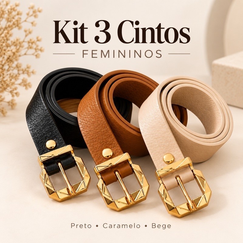 Kit3 Cintos Feminino Fivela Dourada Em Couro Sintético Moda