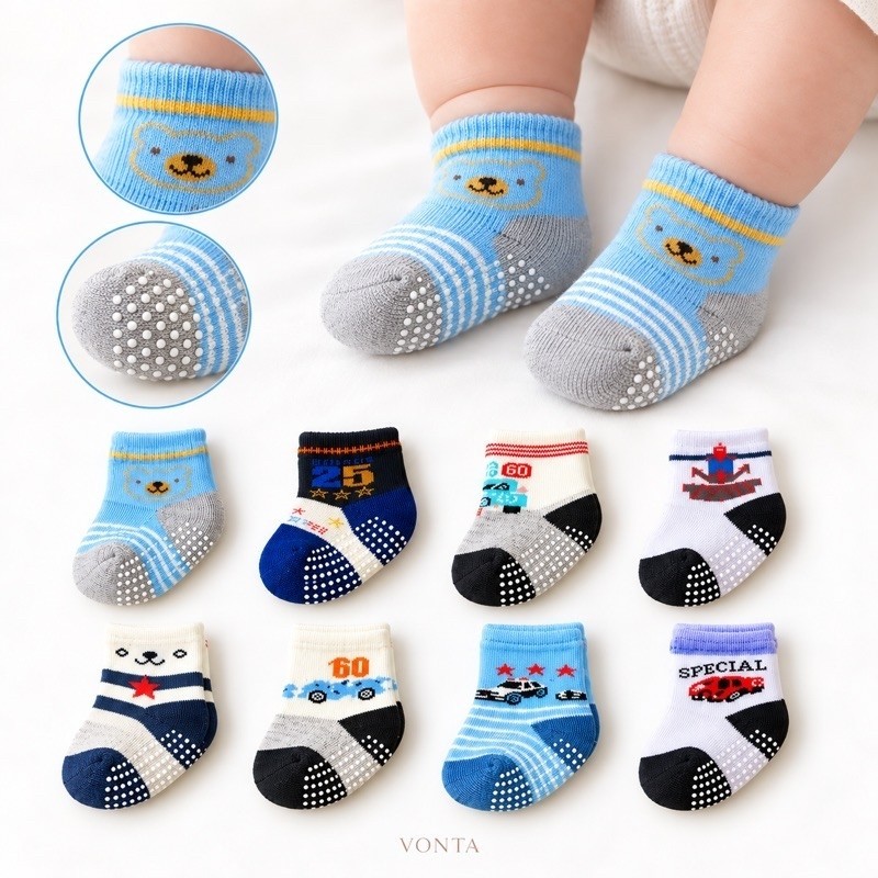 Kit Meias Bebê Infantil 0 a 8 anos Antiderrapante Algodão Macia Estampas Sortidas Menino